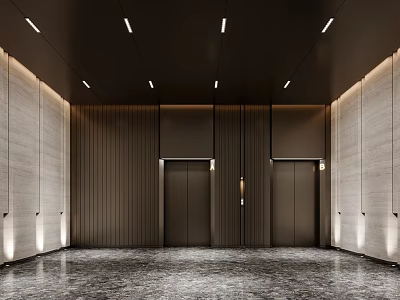 Modern Elevator Lobby Interior With Wood Paneling Stone Walls And Lighting 3d model