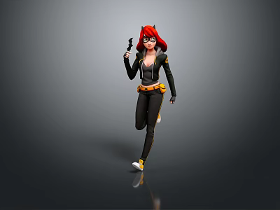 Animated Female Character With Red Hair And Black Outfit Running 3d model