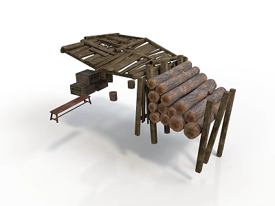 Outdoor Rustic Wooden Stacked Log Storage Structure With Shed Bench And Crates 3d model
