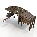 Outdoor Rustic Wooden Stacked Log Storage Structure With Shed Bench And Crates
