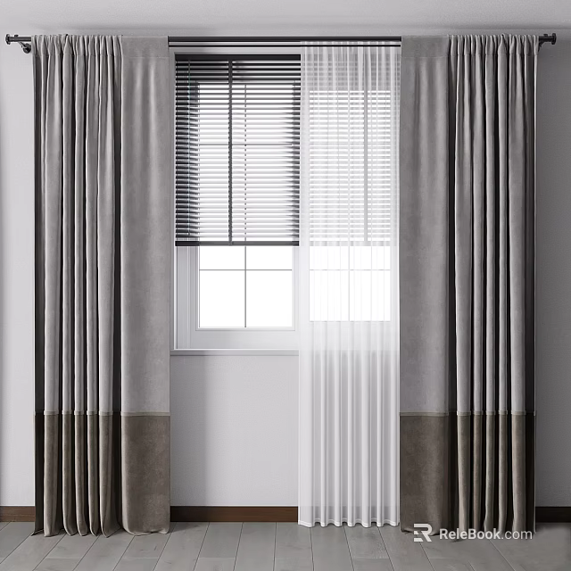 Gray Curtains With Sheer Panels And Window Blinds For Modern Interior 3d model