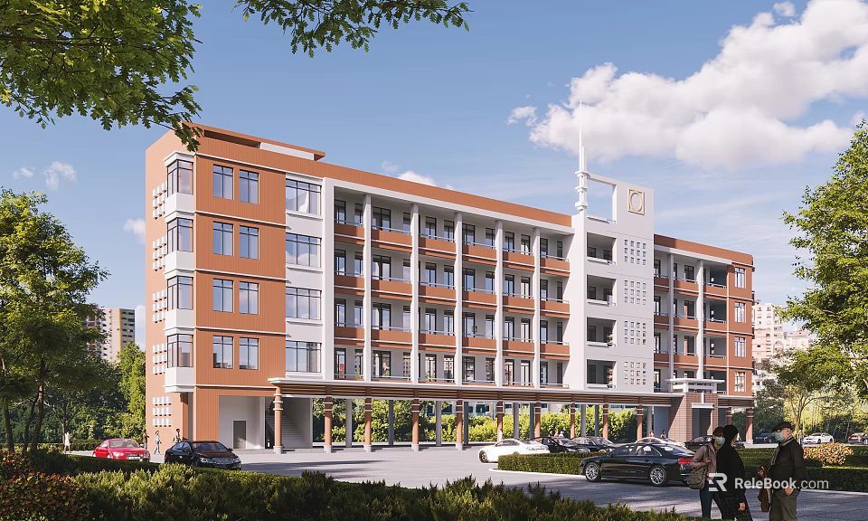 Modern Multistory School Building With Red Brick And White Exterior Green Landscaping 3d model 