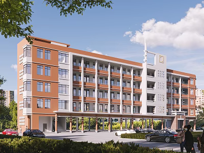Modern Multistory School Building With Red Brick And White Exterior Green Landscaping 3d model
