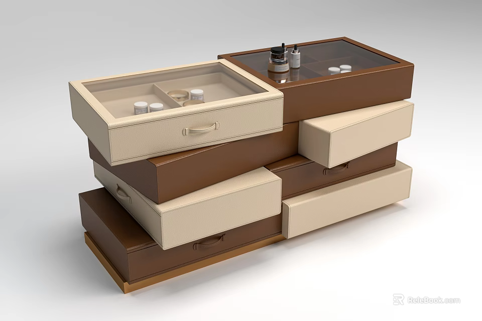 Modern Brown And Beige Kitchen Island Cabinet With Glass Drawers And Storage 3d model 