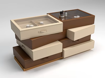 Modern Brown And Beige Kitchen Island Cabinet With Glass Drawers And Storage 3d model