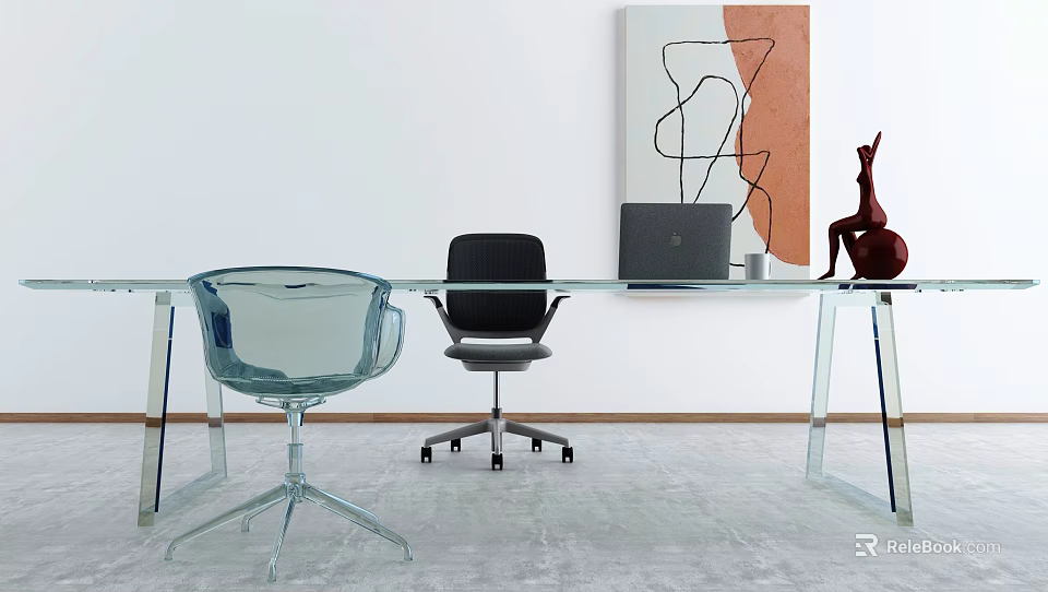 Modern Glass Office Desk With Laptop Red Deer Ornament Abstract Painting Transparent And Black Chairs 3d model 