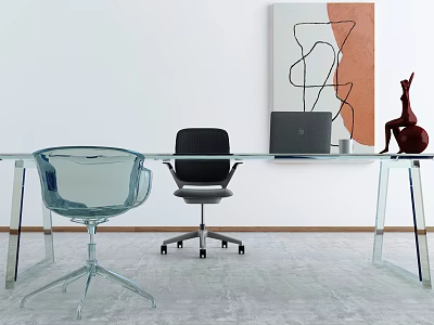 Modern Glass Office Desk With Laptop Red Deer Ornament Abstract Painting Transparent And Black Chairs 3d model