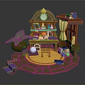 Magical Workbench Scene With Wooden Shelves Bottles Candles And Magic Items