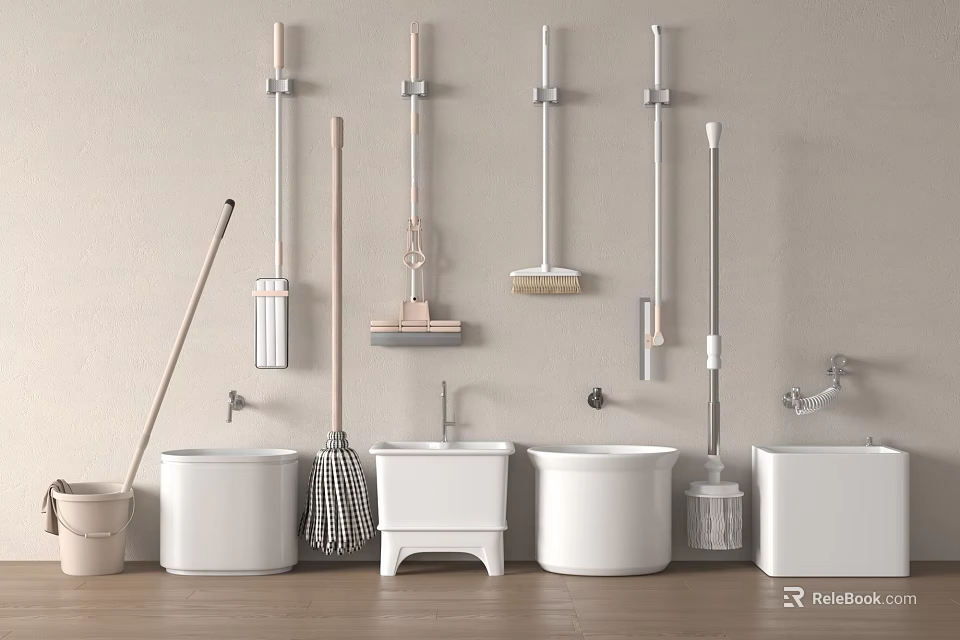 Home Cleaning Tools And White Sinks Hanging On Wall In Bathroom 3d model 