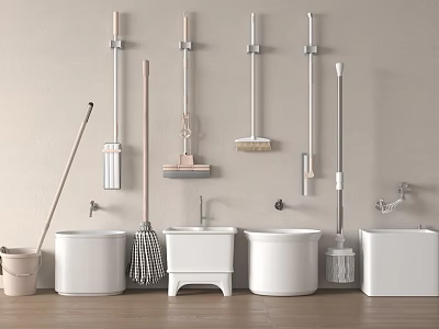 Home Cleaning Tools And White Sinks Hanging On Wall In Bathroom 3d model