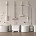 Home Cleaning Tools And White Sinks Hanging On Wall In Bathroom 3d model