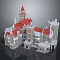 Grand Castle Architecture With Red Roofs Gray Stone Walls Towers And Spires