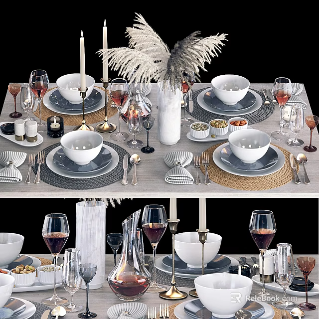 Elegant Dinnerware Set With White Bowls Plates Wine Glasses Candle Holders And Placemats 3d model 