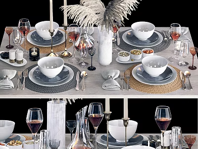 Elegant Dinnerware Set With White Bowls Plates Wine Glasses Candle Holders And Placemats 3d model