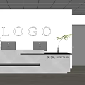 Modern Reception Area With White Wall LOGO Two Computer Monitors And Green Plants 3d model