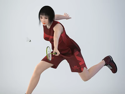 Active Woman Playing Badminton In Red Sportswear Running And Hitting Shuttlecock With Racket 3d model