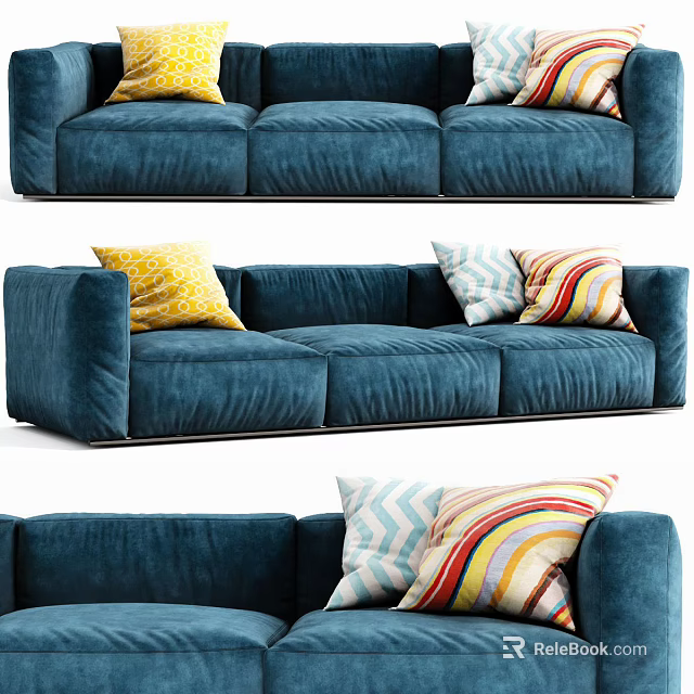 Modern Blue Three Seater Soft Velvet Sofa With Colorful Patterned Pillows 3d model