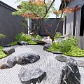 Japanese Courtyard Garden Design Featuring Stones Green Plants Trees And Stone Lantern