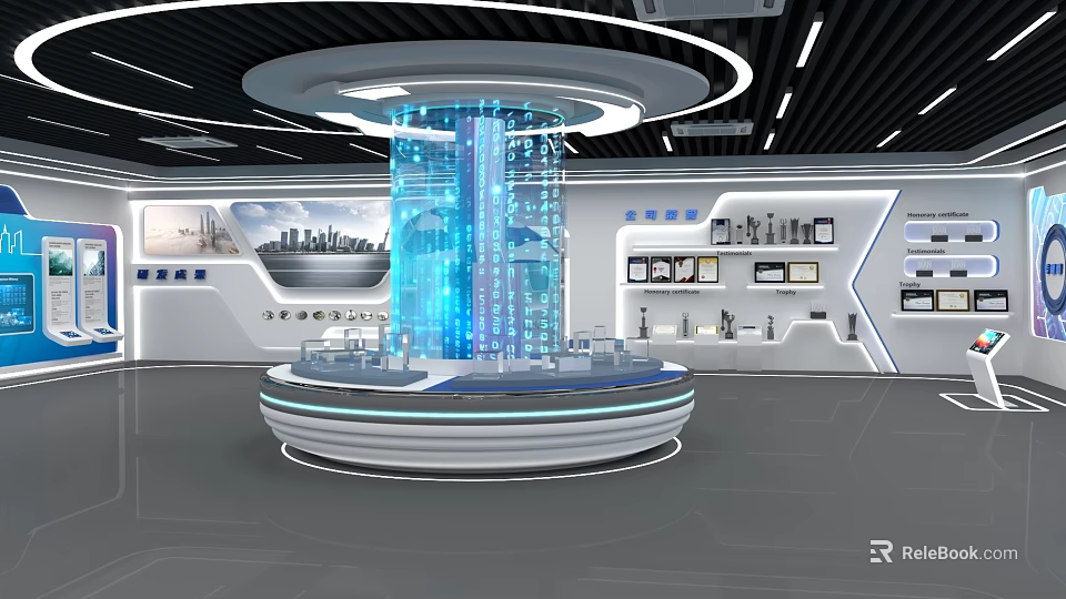 Modern Tech Exhibition Hall With Central Holographic Projection Column And Interactive Displays 3d model 