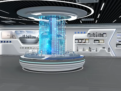 Modern Tech Exhibition Hall With Central Holographic Projection Column And Interactive Displays 3d model