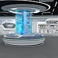 Modern Tech Exhibition Hall With Central Holographic Projection Column And Interactive Displays