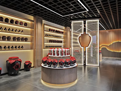 Traditional Ceramic Shop Interior With Display Shelves And Red Lid Jars On Round Stand 3d model