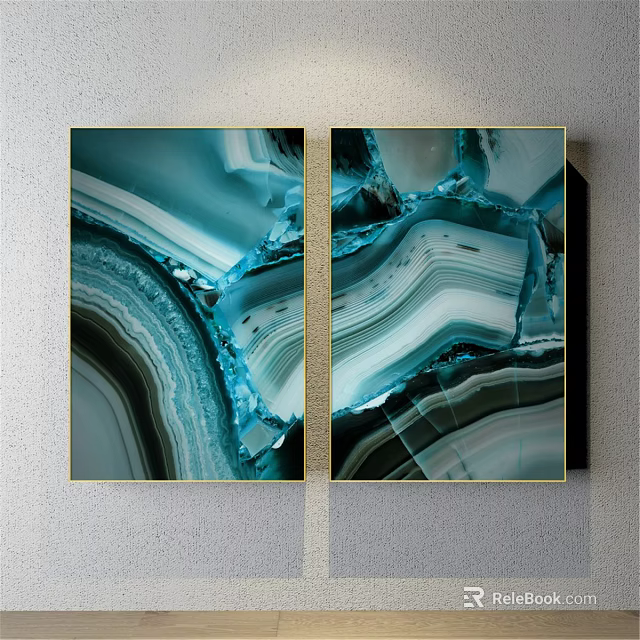 Double Panel Abstract Paintings With Teal Agate Like Texture Gold Frame Wall Mounted 3d model 