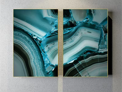 Double Panel Abstract Paintings With Teal Agate Like Texture Gold Frame Wall Mounted 3d model
