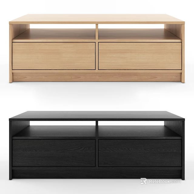 Light Wood And Black TV Stand With Drawers And Open Shelf Design 3d model 