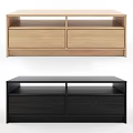 Light Wood And Black TV Stand With Drawers And Open Shelf Design