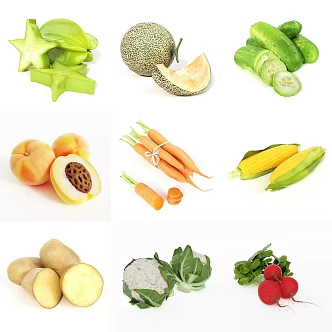 Vegetables and fruits carambola Hami melon cucumber yellow peach carrot cauliflower potato corn 3d model