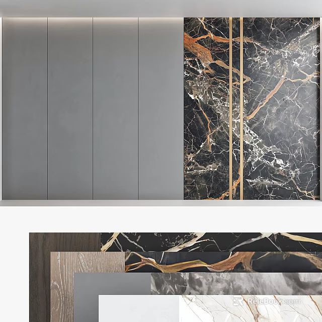 Modern Elegant Feature Wall With Gray Panels Black Marble And Golden Lines 3d model 