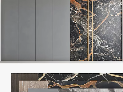 Modern Elegant Feature Wall With Gray Panels Black Marble And Golden Lines 3d model