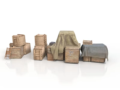 Wooden Storage Boxes And Small Ladder Covered With Cloth For Home Organization 3d model