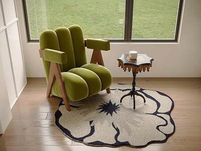 Green Upholstered Lounge Chair With Wooden Legs And Side Table On Round Floral Rug 3d model