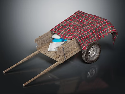 Wooden Wheelbarrow Covered With Red And Black Plaid Cloth And Blue White Items Inside 3d model