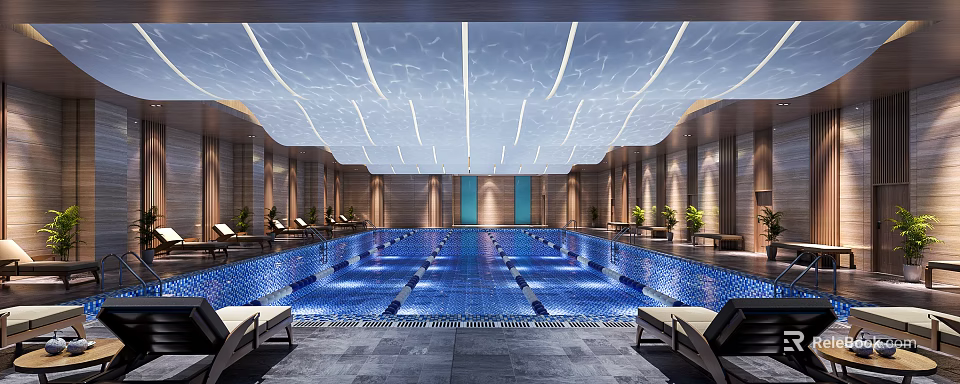 Modern Luxury Indoor Swimming Pool With Blue Tile Ceiling Lights And Lounge Chairs 3d model 
