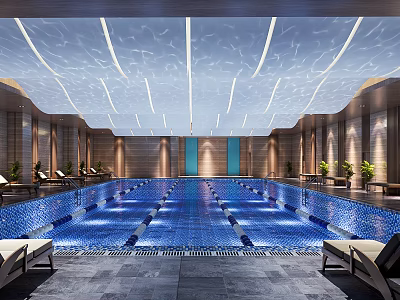 Modern Luxury Indoor Swimming Pool With Blue Tile Ceiling Lights And Lounge Chairs 3d model