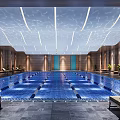 Modern Luxury Indoor Swimming Pool With Blue Tile Ceiling Lights And Lounge Chairs