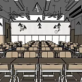 School Classroom Interior With Desks Chairs Ceiling Fans Hanging Lights And Digital Screen