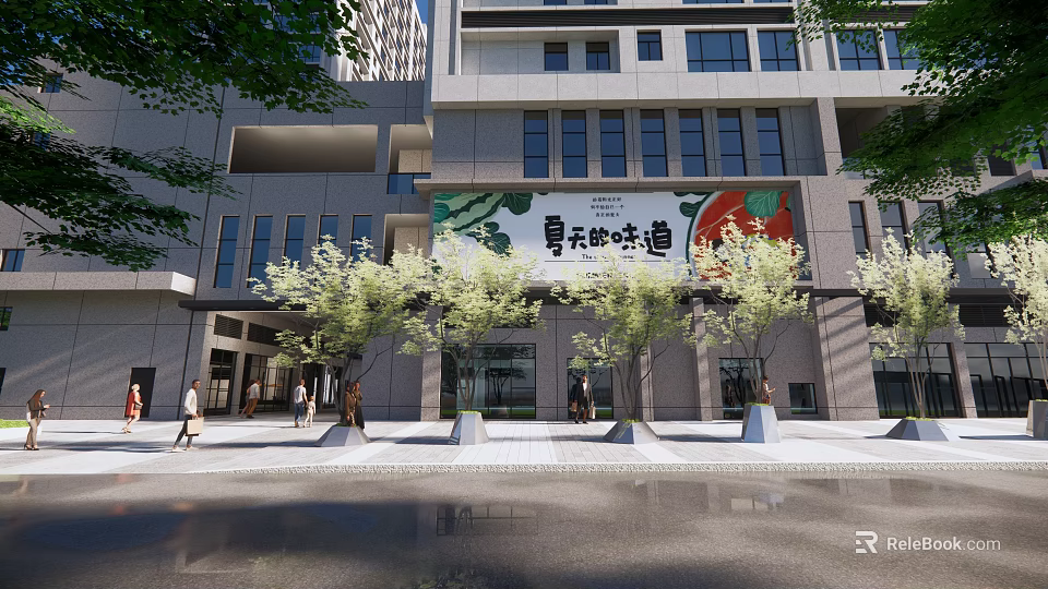 Urban Street Tree Planters With Green Trees And Modern Building Facade 3d model 