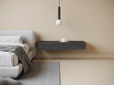 Modern Beige Bedroom Pendant Light with Black Rod White Spherical Shade Above Floating Nightstand 3d model