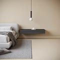 Modern Beige Bedroom Pendant Light with Black Rod White Spherical Shade Above Floating Nightstand