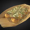 Delicious Traditional Japanese Takoyaki on Wooden Plate with Sauce and Shredded Nori