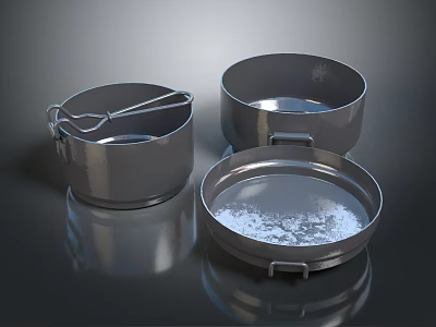 Three Piece Stainless Steel Cookware Set With Handles Mixing Tool And Shiny Reflective Surface 3d model