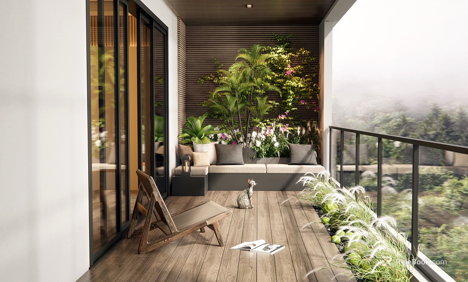 Stylish Home Balcony Design With Lush Green Plants Sofa Chair And Wooden Flooring 3d model 