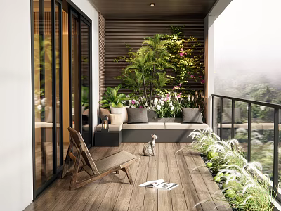 Stylish Home Balcony Design With Lush Green Plants Sofa Chair And Wooden Flooring 3d model