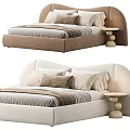 Modern Minimalist Double Bed With Curved Headboard Pillows And Small Round Side Tables