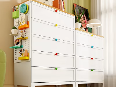 White Chest of Drawers with Colorful Knobs and Decorative Items in Cozy Room 3d model