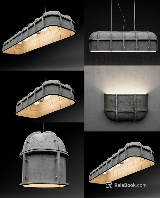 Industrial Style Lighting Fixture Set With Concrete Metal Pendants And Wall Sconces 3d model 